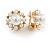 Gold Tone White Faux Pearl Crystal Floral Clip On Earrings - 18mm - view 2