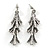 Vintage Inspired Triple Leaf Textured Crystal Drop Earrings In Aged Silver Tone - 55mm Tall