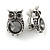 Vintage Inspired Grey Crystal Owl Clip On Earrings In Aged Silver Tone Metal - 22mm Tall