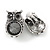 Vintage Inspired Grey Crystal Owl Clip On Earrings In Aged Silver Tone Metal - 22mm Tall - view 3