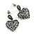 Vintage Inspired Hematite Crystal Heart Drop Earrings In Aged Silver Tone Metal - 25mm Drop - view 3