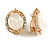 Gold Tone Crystal Milky White Resin Oval Clip On Earrings - 22mm Tall - view 2