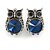 Vintage Inspired Blue/ Grey Crystal Owl Clip On Earrings In Aged Silver Tone Metal - 22mm Tall - view 2