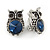 Vintage Inspired Blue/ Grey Crystal Owl Clip On Earrings In Aged Silver Tone Metal - 22mm Tall