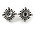 Vintage Inspired Round Faceted Dim Grey Crystal Clip On Earrings In Aged Silver Tone Metal - 20mm D - view 2