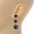 Teal/ Magenta/ Grey Crystal Floral Drop Earrings In Aged Silver Tone Metal - 45mm Tall - view 3