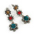 Teal/ Red/ Citrine Crystal Floral Drop Earrings In Aged Silver Tone Metal - 45mm Tall - view 4
