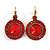 Vintage Inspired Round Cut Scarlet Red Glass Stone Drop Earrings With Leverback Closure In Antique Gold Metal - 40mm L - view 3