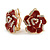 Romantic Red Enamel Clear Crystal Rose Clip On Earrings In Gold Tone - 20mm Diameter - view 2
