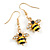 Small Black/ Yellow Enamel Crystal Bee Drop Earrings In Gold Tone - 40mm Long - view 4