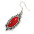 Vintage Inspired Oval Red Ceramic Stone Filigree Drop Earrings In Silver Tone - 50mm Long - view 5