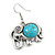 Vintage Inspired Elephant Shape with Turquoise Stone Drop Earrings In Silver Tone - 40mm Long - view 5
