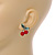 Sweet Crystal Red/ Green Cherry Stud Earrings In Silver Tone - 20mm Tall - view 3