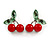 Sweet Crystal Red/ Green Cherry Stud Earrings In Silver Tone - 20mm Tall