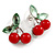 Sweet Crystal Red/ Green Cherry Stud Earrings In Silver Tone - 20mm Tall - view 4