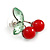 Sweet Crystal Red/ Green Cherry Stud Earrings In Silver Tone - 20mm Tall - view 6