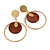 Stylish Gold Tone Slim Hoop Earrings with Wood Disk - 65mm Long - view 4