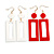 Set of 2 Pairs Square Acrylic Drop Earrings In White/ Red - 80mm L