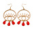 Trendy Red Bead Eye Hoop/ Drop Earrings In Gold Tone - 75mm L