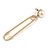 Large Gold Tone Safety Pin with Cream Faux Pearl Drop Earrings - 80mm L - view 4