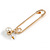 Large Gold Tone Safety Pin with Cream Faux Pearl Drop Earrings - 80mm L - view 5