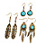 Set Of 3 Pairs Turquoise Bead Feather and Round Drop Earrings In Aged Gold Tone Metal - 60mm/ 55mm/ 30mm L