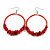 Large Red Glass, Shell, Wood Bead Hoop Earrings In Silver Tone - 75mm Long - view 5