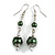 Forest Green Glass Bead with Wire Drop Earrings In Silver Tone - 6cm Long