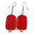 Red Glass Square Drop Earrings In Silver Tone - 55mm L