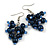 Dark Blue Wooden Bead Cluster Drop Earrings in Silver Tone - 55mm Long