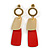 Brushed Gold, Red Square Dangle Drop Earrings - 50mm Long