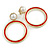Gold Tone Hoop Clip-On Earrings with Red Enamel and White Faux Pearl Bead - 50mm Long