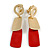 Brushed Gold, Red Square Dangle Clip-On Earrings - 50mm Long - view 4