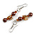 Brown Glass and Burnt Orange Shell Bead Drop Earrings with Silver Tone Closure - 6cm Long - view 4