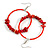 50mm Fire Red Large Glass, Faux Pearl Bead, Semiprecious Stone Hoop Earrings In Silver Tone