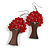 Red Glass Bead Brown Wood Tree Drop Earrings - 70mm Long - view 3