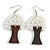 White Glass Bead Brown Wood Tree Drop Earrings - 70mm Long - view 3