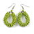 Lime Green Glass Bead Loop Drop Earrings In Silver Tone - 60mm Long