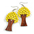 Lemon Yellow Glass Bead Brown Wood Tree Drop Earrings - 70mm Long - view 3