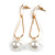 Trendy Loop with Crystal Faux Pearl Bead Drop Earrings In Gold Tone - 70mm Long - view 3