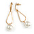 Trendy Loop with Crystal Faux Pearl Bead Drop Earrings In Gold Tone - 70mm Long - view 4