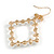 Square White Faux Pearl Bead, Clear CZ Bow Drop Earrings In Gold Tone Metal - 60mm Long - view 7