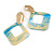 Trendy Light Blue/ Cream Glitter Acrylic Square Earrings In Gold Tone - 70mm Long