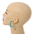 Trendy Aqua/ Teal Fancy Print Acrylic Hoop Earrings In Gold Tone - 43mm Diameter - Medium - view 2