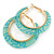 Trendy Aqua/ Teal Fancy Print Acrylic Hoop Earrings In Gold Tone - 43mm Diameter - Medium - view 5