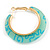 Trendy Aqua/ Teal Fancy Print Acrylic Hoop Earrings In Gold Tone - 43mm Diameter - Medium - view 6