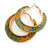 Trendy Orange/ Green Floral Print Acrylic Hoop Earrings In Gold Tone - 43mm Diameter - Medium - view 4