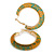 Trendy Orange/ Green Floral Print Acrylic Hoop Earrings In Gold Tone - 43mm Diameter - Medium