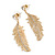 Gold Tone Clear Crystal Delicate Feather Drop Earrings - 50mm Long - view 3