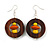 Trendy Brown Wood Hoop Earrings with Yellow/ Orange Beads in Silver Tone - 65mm Long